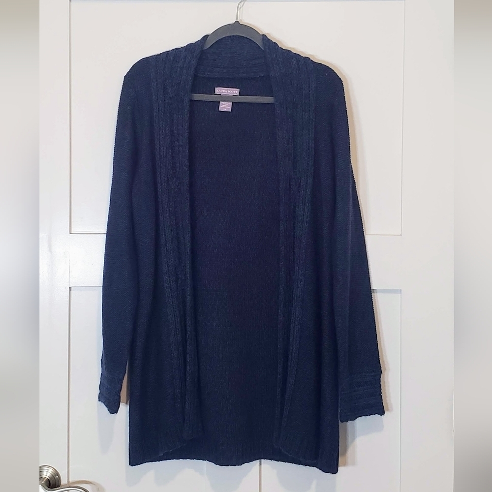 Laura Scott Cardigan Sweater Marled Blue Open Knit Size Medium Machine Wash